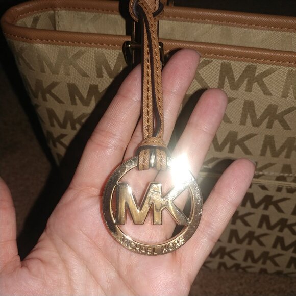 Michael Kors Tan MK Logo Canvas Shoulder Bag W/Brown Leather Trim - Medium Sized - Picture 15 of 15